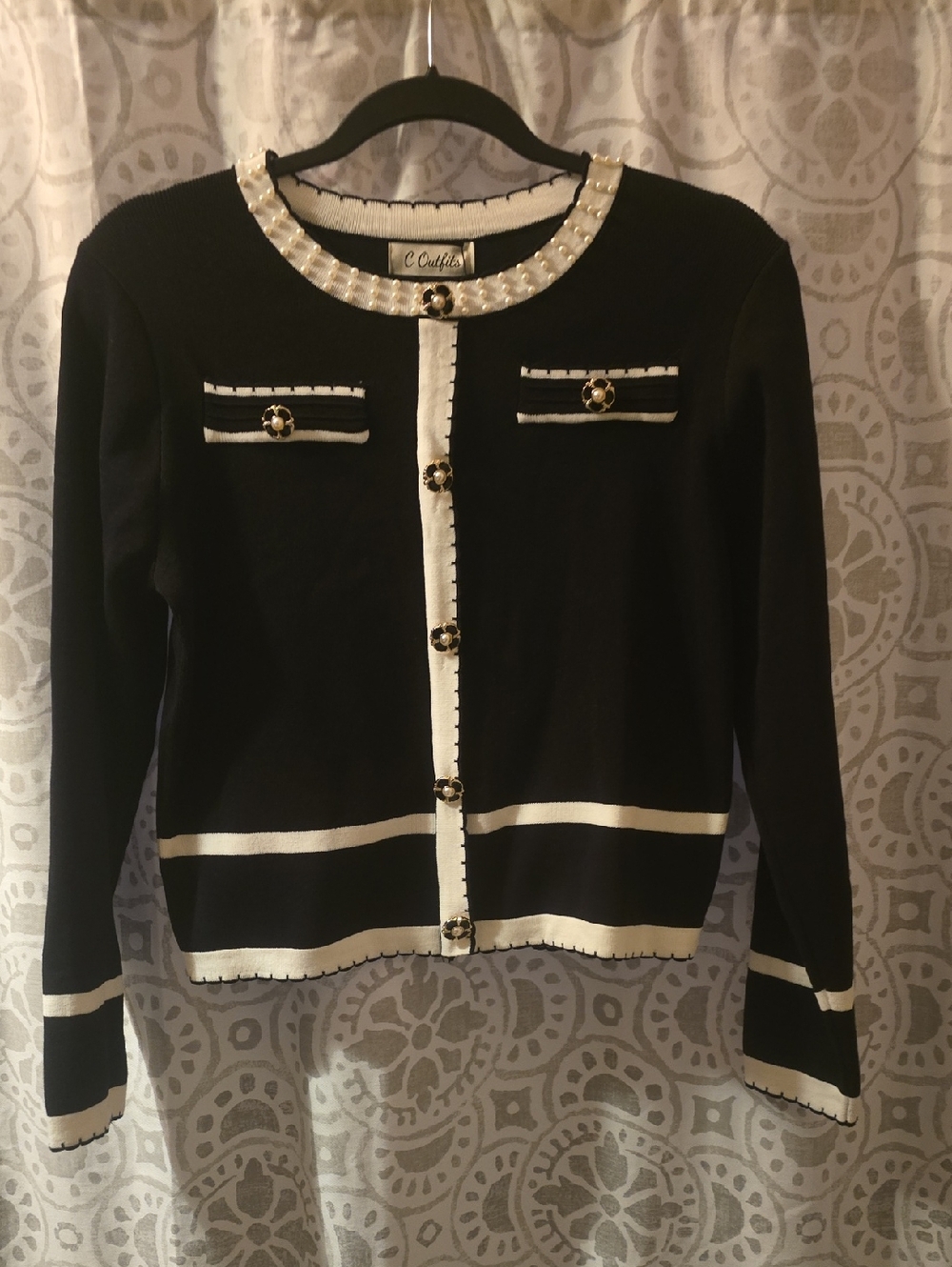 Black and White Pearl-Trim Cardigan Sweater